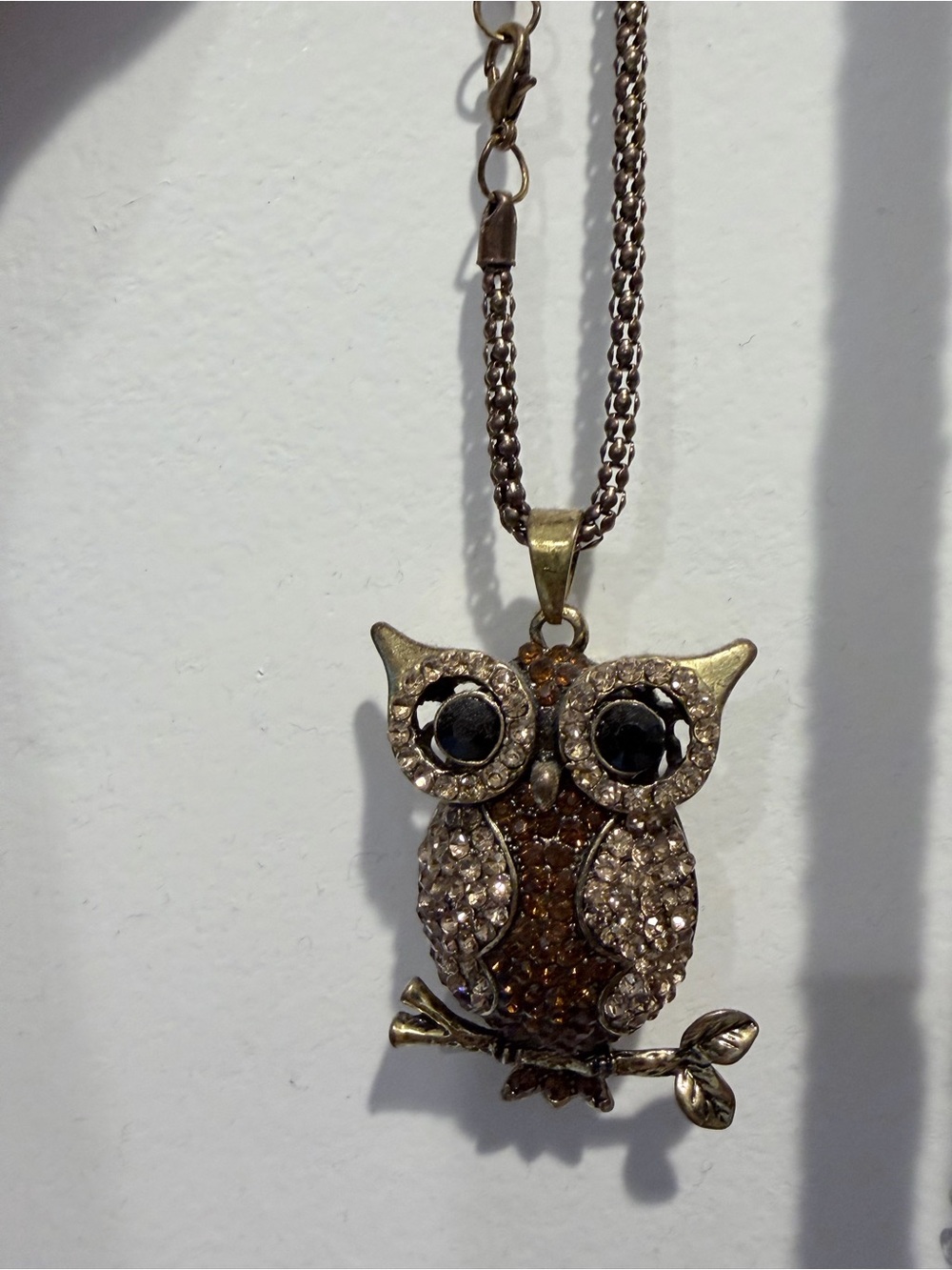 Vintage Brown and Champagne Crystal Owl Pendant Necklace